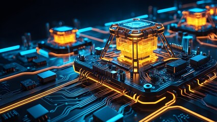 A computer chip is shown in a black background with orange and blue lights
