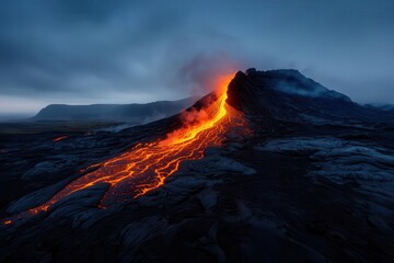 A breathtaking view of an erupting volcano showcasing flowing lava against a dark, moody sky in a volcanic landscape.