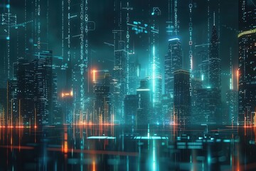Obraz premium neon circuit patterns form cityscape silhouette against dark background data streams flow like traffic between buildings binary code rains in foreground