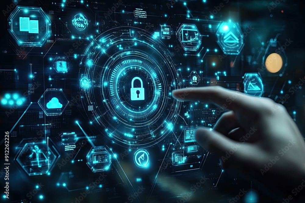 Poster hand interacting with a digital interface featuring a padlock icon and various network symbols