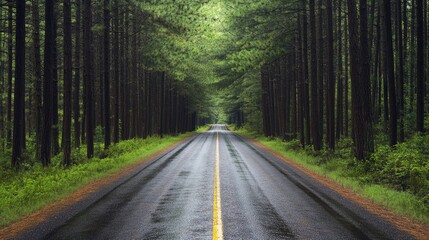 Obraz premium Scenic drive through pine forest with a river running parallel, nature s harmony