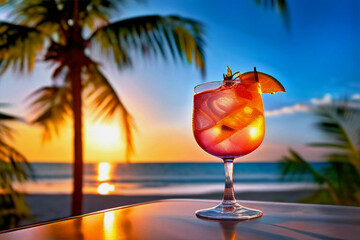 A glass of cocktail with a slice of orange on a table against the background of the sea and palm trees. Evening. Relaxation. Resort.