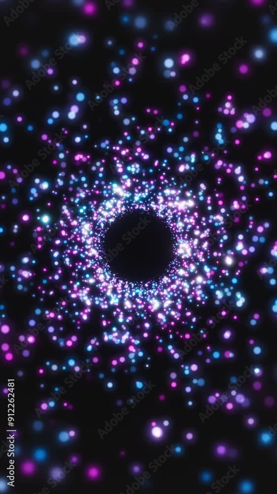 Poster vertical video animation of blue and pink particles in a tunnel on a dark background - abstract back