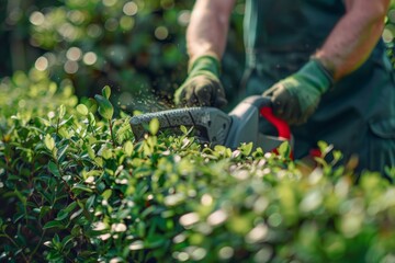 Obraz premium Gardener trimming green bushes with electric hedge trimmer. Focus on lush foliage and working hands. Outdoor garden maintenance equipment close-up. Best for landscaping and gardening themes. AI
