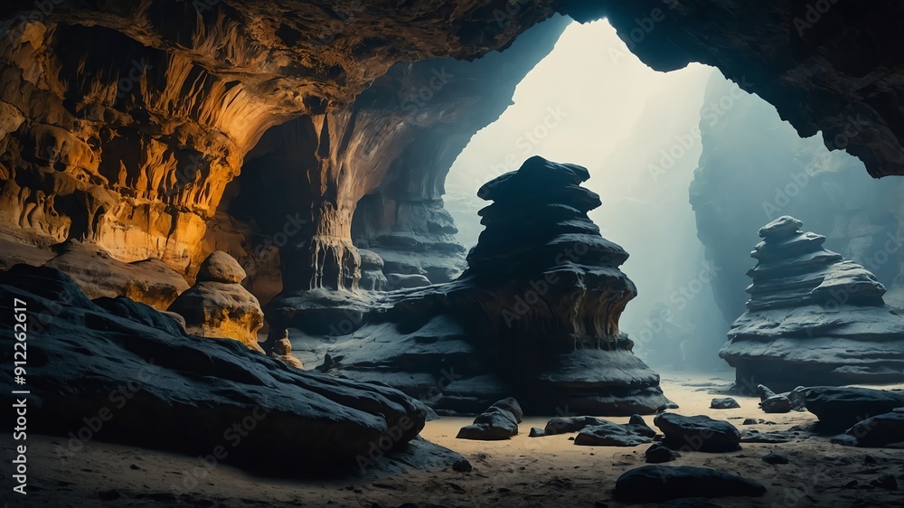 Poster bizarre rock formations deep cave background backdrop