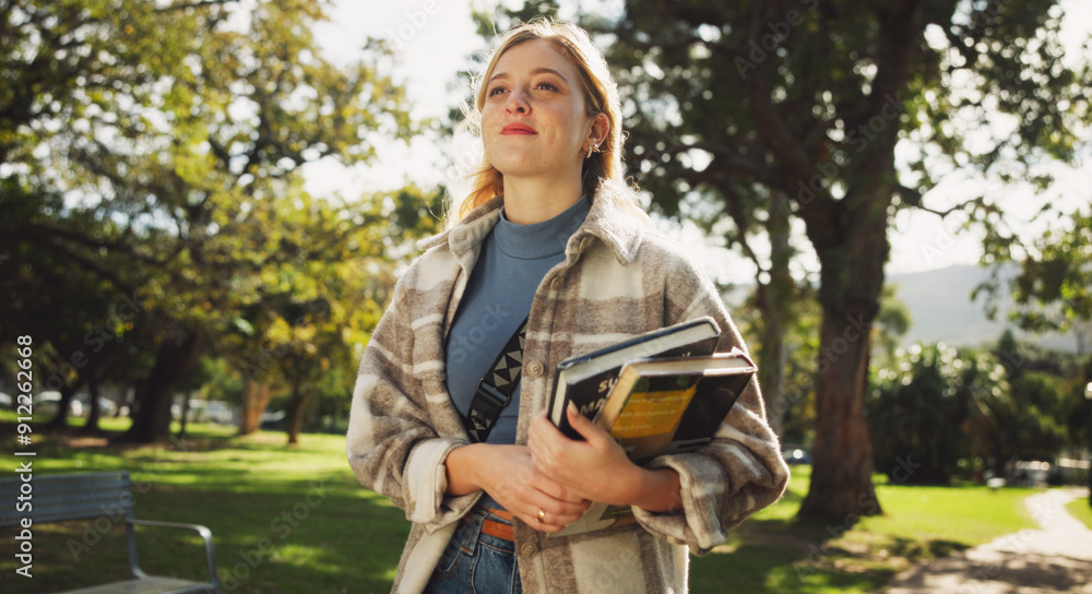 Canvas Prints Student, woman and books in park for walk to class with education, learning or thinking for development at campus. Person, smile and vision on path, perspective and scholarship at college in Germany