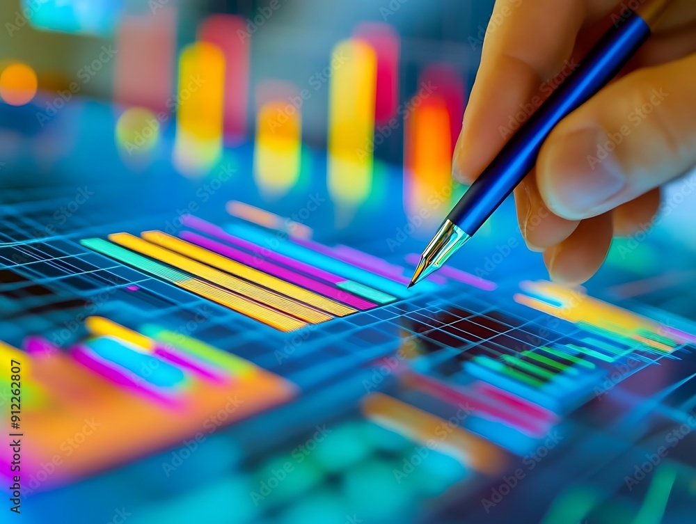 Poster abstract background of a hand using a stylus on a tablet with charts and data