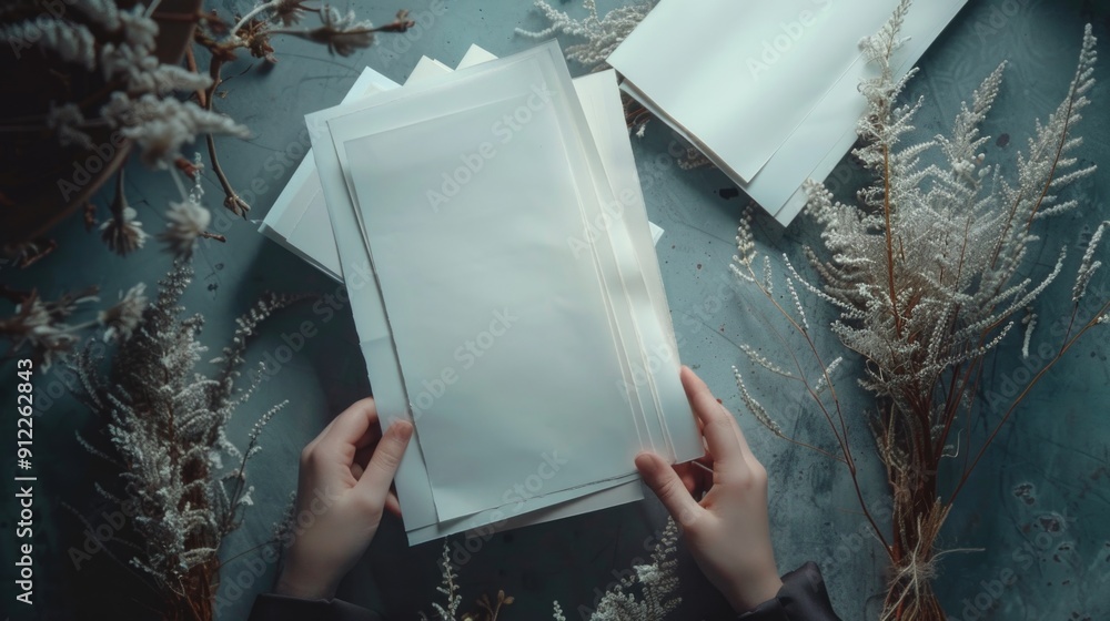 Poster a person is sitting at a table with a stack of papers in hand