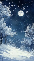 Naklejka premium Snow's Serenade: An Animated Snow Scene with Tranquil Snowflakes Dancing in the Moonlight