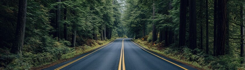 Fototapeta premium Road disappearing into the distance among tall pines, endless possibilities