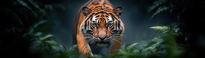 Fototapeta premium Majestic tiger prowling through dense jungle foliage, showcasing its powerful presence and striking orange and black fur.