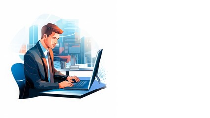 Businessman working on a laptop at a desk with plants, in a modern office setting. Ideal for depicting professional work environments, remote work, HR materials, and freelance or employment-related 