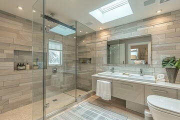 Fototapeta premium A bathroom with a glass shower stall and a large mirror