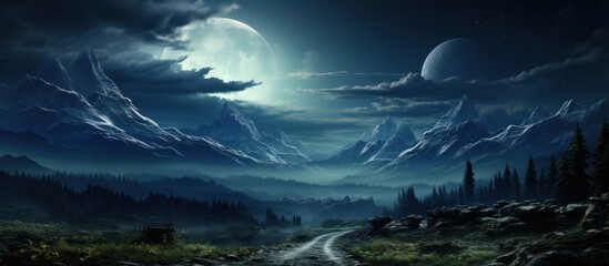 Fantasy landscape with mountains, road and moon.