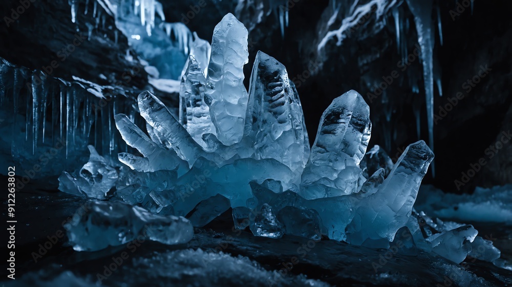 Poster ice formations on dark in deep cave background backdrop