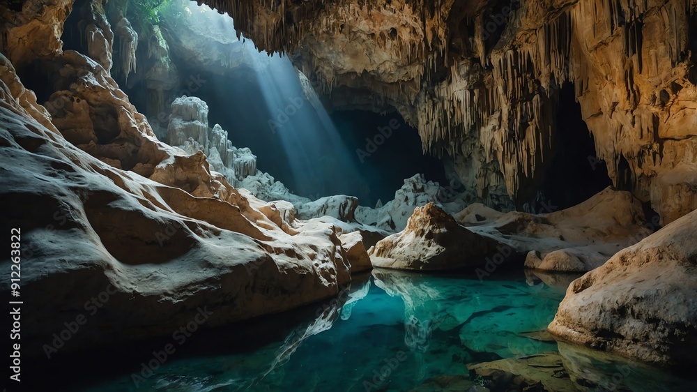 Poster intricate limestone formations deep cave background backdrop