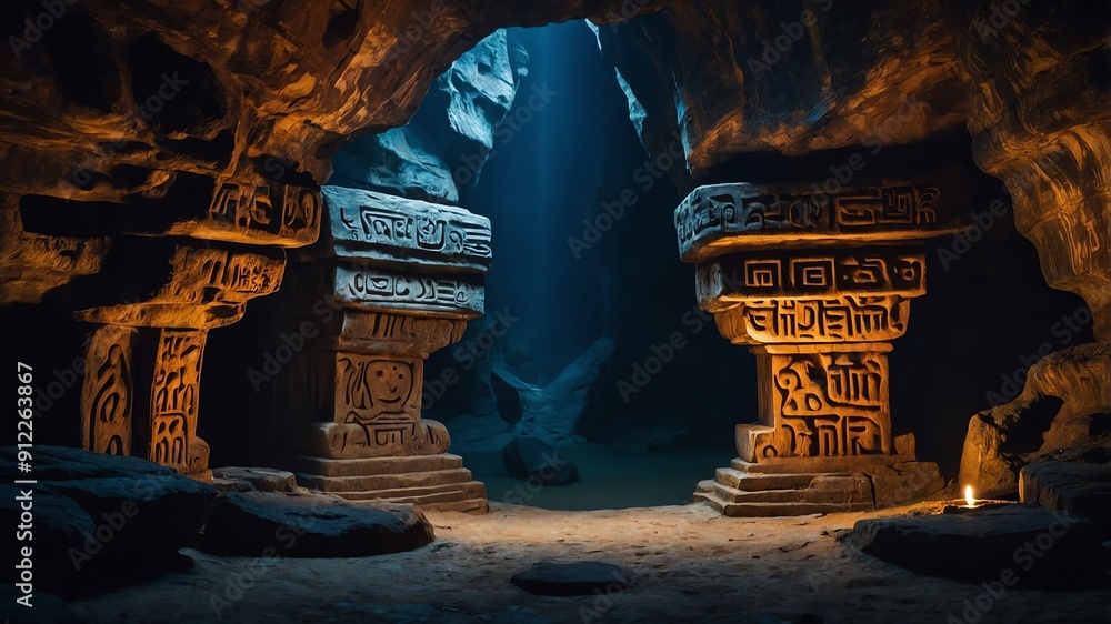 Poster mysterious symbols carved into deep cave background backdrop 3