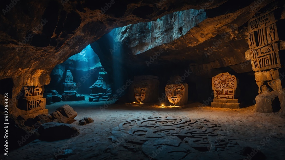 Poster mysterious symbols carved into deep cave background backdrop