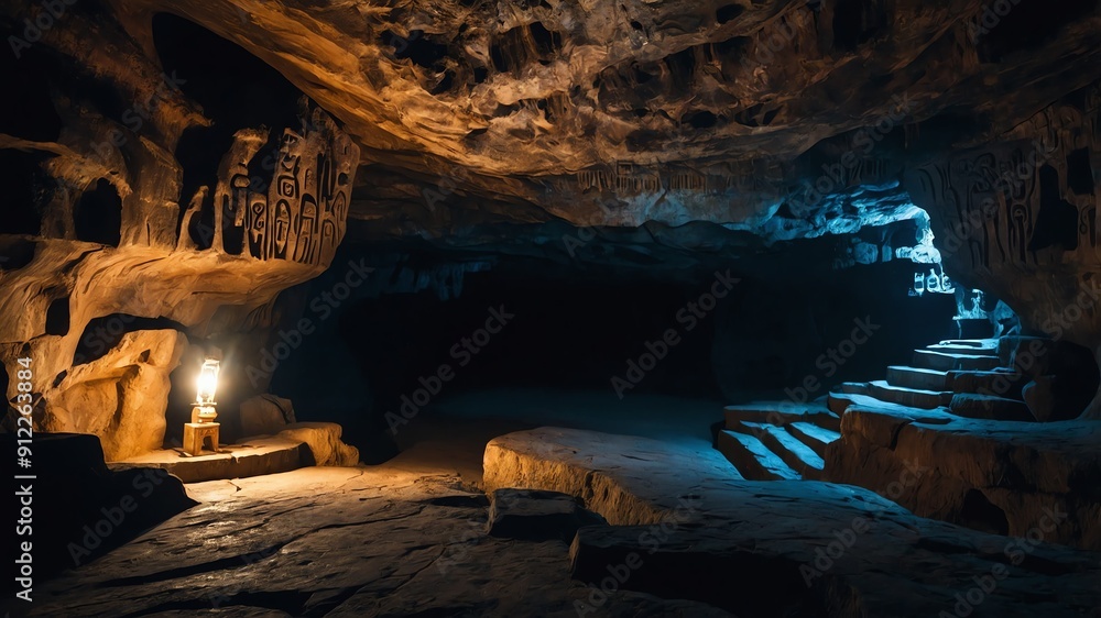 Poster mysterious symbols carved into deep cave background backdrop