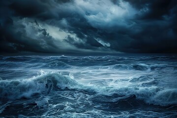 Obraz premium ominous seascape with roiling dark clouds and turbulent waves eerie blue light misty atmosphere sense of foreboding