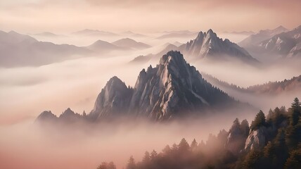 Obraz premium Majestic mountains shrouded in peach mist creating a mystical landscape. The concept of nature, tranquility and mystery.