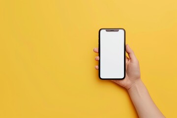 Hand Holding a Smartphone with Blank White Screen on Yellow Background