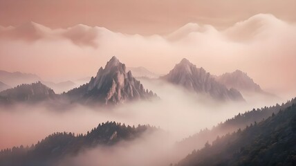 Majestic mountains shrouded in peach mist creating a mystical landscape. The concept of nature, tranquility and mystery.