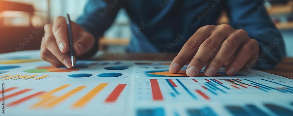 Poster close up of hands analyzing data on charts - photo