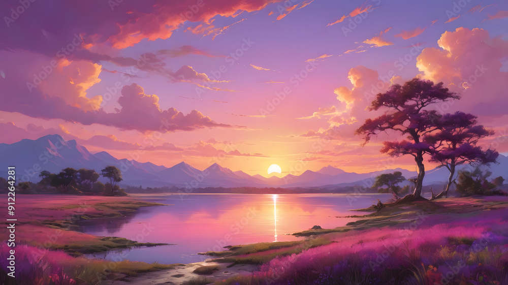 Wall mural sunrise over the river, ai generated