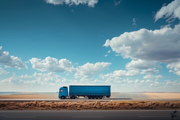 Blue truck on a highway in a desert landscape. Scenic view with blue sky and clouds. Useful for transportation, travel, and logistics themes. Ideal for commercial and editorial use. Generative AI
