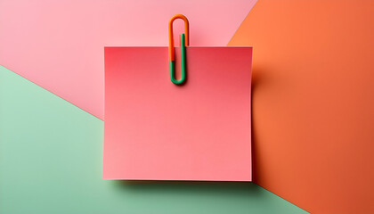 a pink note paper with a green and orange clip, focusing on clean lines and modern aesthetics.