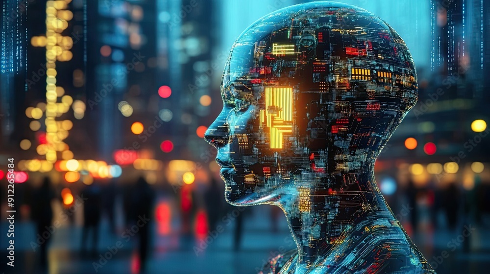 Poster a digital humanoid with circuitry and data visualizations