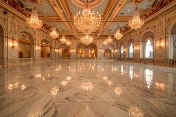 Fototapeta premium opulent marble ballroom with cascading crystal chandeliers reflective floors and gilded accents ethereal light bathes the space in a warm inviting glow