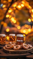 Vertical Shot of Traditional Oktoberfest Joy with Wooden Plate and Festive Decorations Beer and Pretzels