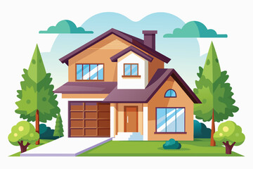vector illustration of a modern family house. around the house there are green trees. can be used as an animated background.