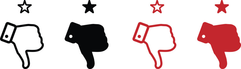 Thumbs down with one star satisfaction rating. Set of customer experience flat vector icons on transparent background