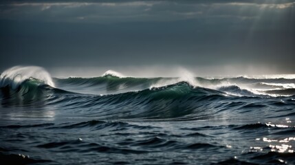 Naklejka premium Sun Shines Through Clouds Over Ocean Waves