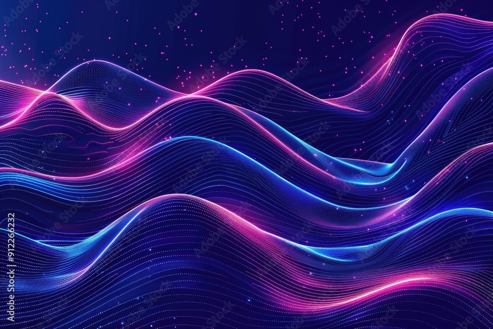 Poster a wave of neon lights on a dark background, perfect for use in futuristic or technology-themed desig