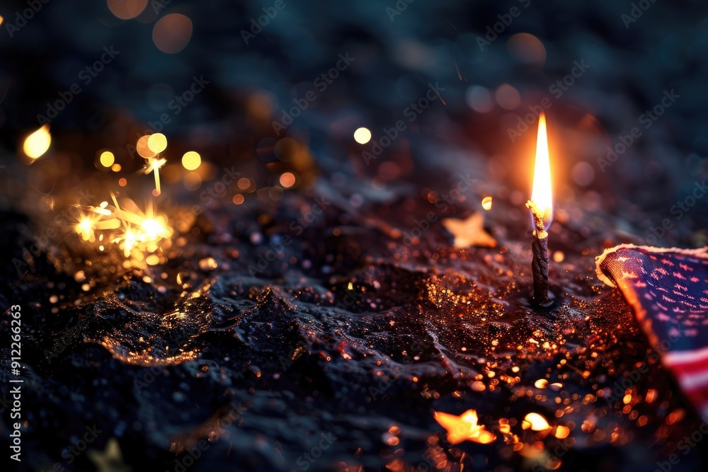 Poster a single candle is lit in the darkness with a flag flying high, great for use as a symbol of hope or