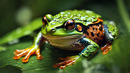 Obraz premium close up view of green frog relaxing on a leaf in the wild