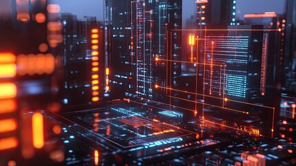 Fototapeta premium Futuristic Cityscape with Orange and Blue Neon Lights
