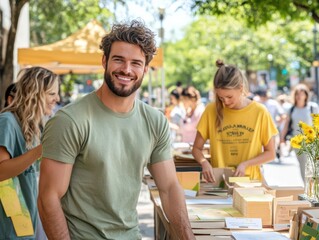 A realistic photo of a mental health awareness fundraiser, with volunteers setting up booths, distributing informational pamphlets, and engaging with the community