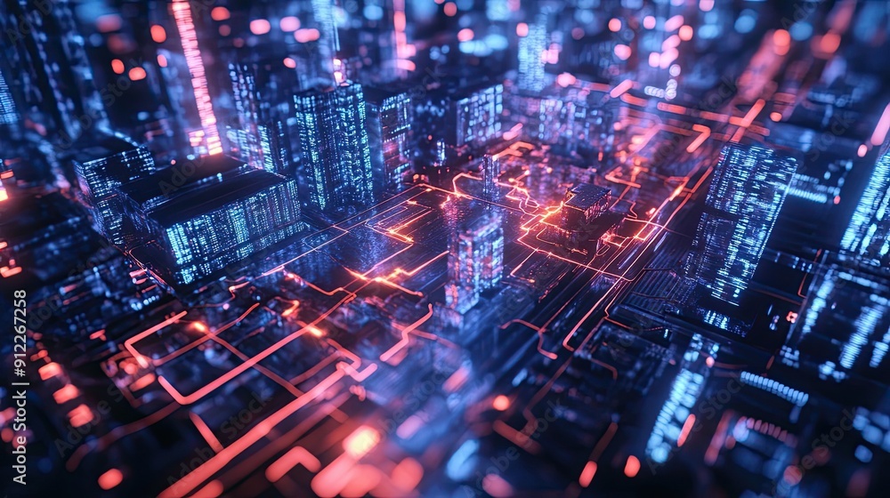 Poster a futuristic cityscape illuminated by glowing lines and data streams