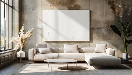 Modern Living Room with Blank White Canvas on Wall, Sunlit Minimalist Design, Cozy Atmosphere, Background with Copy Space, Mockup