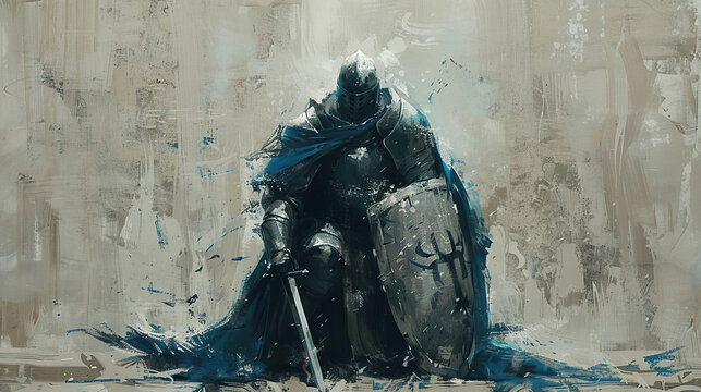A knight in full combat gear is on one knee, holding his shield and sword tightly. His armor reflects the harsh nature of the battles he participated in.