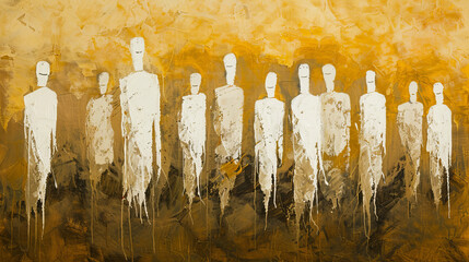On this abstract canvas, rows of white silhouettes of people smoothly move into perspective, emphasizing the contrast with the rich yellow-brown background and evoking a sense of infinity.