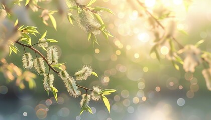 Obraz premium Branch with Blooming Willows Illuminated by Soft Sunlight, Defocused Natural Background, Symbolizing Springtime and New Growth, Easter Concept, Banner with Copy Space