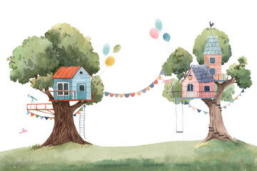 Beautiful kid mural with composition of watercolor hand drawn tree houses. Stock childish illustration. © Zenina-Lembrik