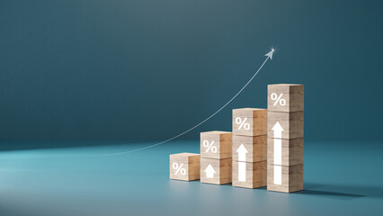 Wooden blocks with percentage signs showing an upward trend, concept of interest growth.