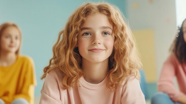 An inspiring scene of a peer support group for teens, showing young people sharing their experiences and supporting one another